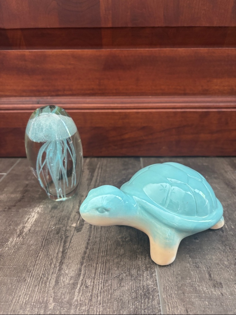 Aqua Ceramic Turtle Figurine with Glass Jellyfish Paperweight home decor